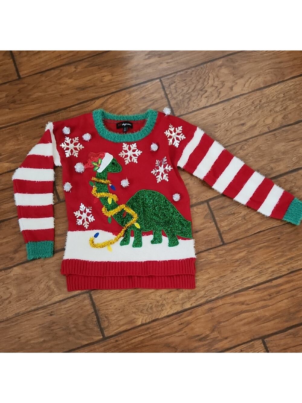 33 Degrees Red Womens XS Christmas Dino Sweater with Green Glitter And Sequins